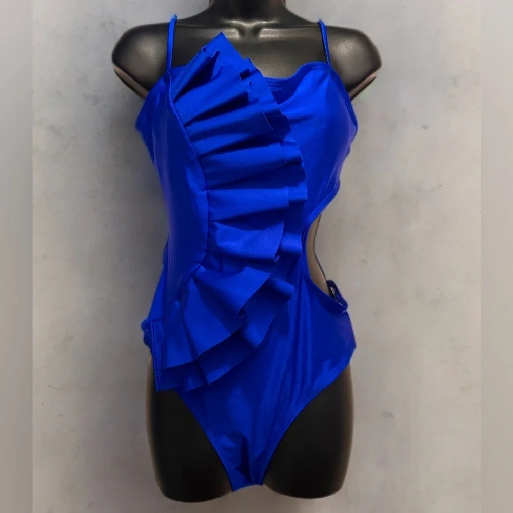 NWT Women’s One Piece Swimsuit Flounce & Hole Out Padded Monokini Blue Size L